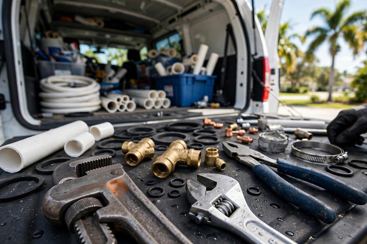Plumbing tools and fittings stocked in a West Palm Beach service van